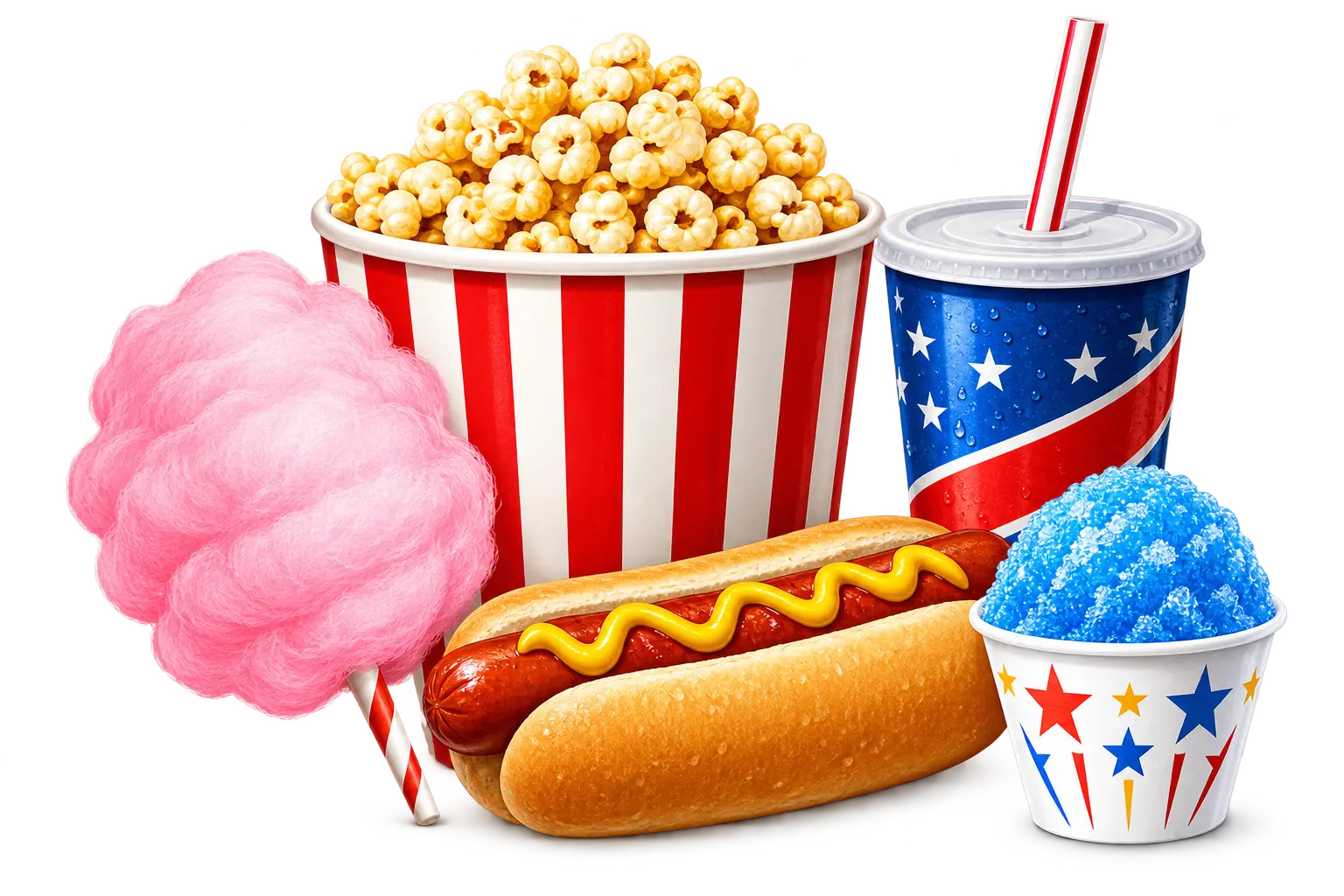 Popcorn, cotton candy, hot dog, soda, and snow cone